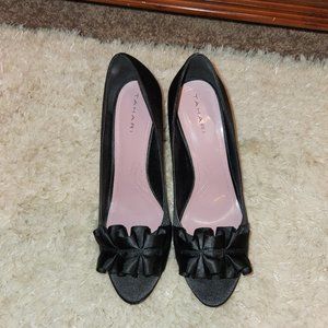 Tahari Sloan Satin Ruffle Black Peep Toe Pumps